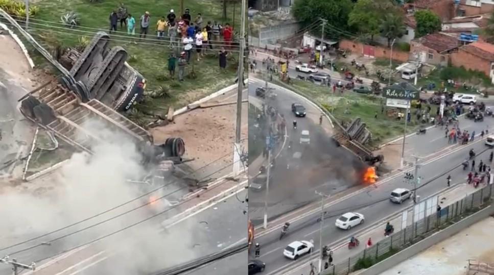 carreta que transportava retroescavadeira capota e pega fogo na Rota do Mar